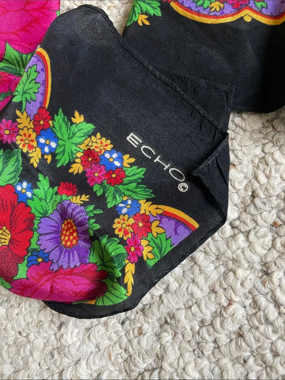 Echo Floral Vintage Silk Versatile Scarf in Black, Fuchsia and Green